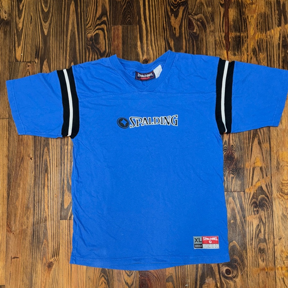 Spalding 100% Cotton Kids XL (16-18) Blue Jersey with Black Stripes